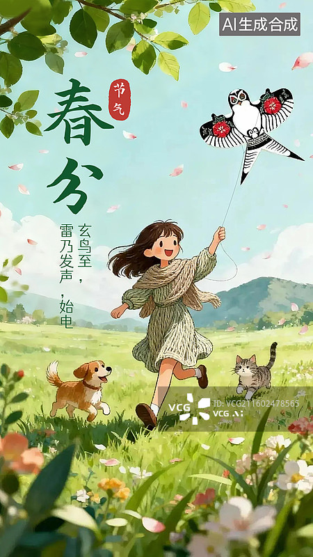 【AI数字艺术】春分节气春天女孩在草地放风筝海报插画图片素材