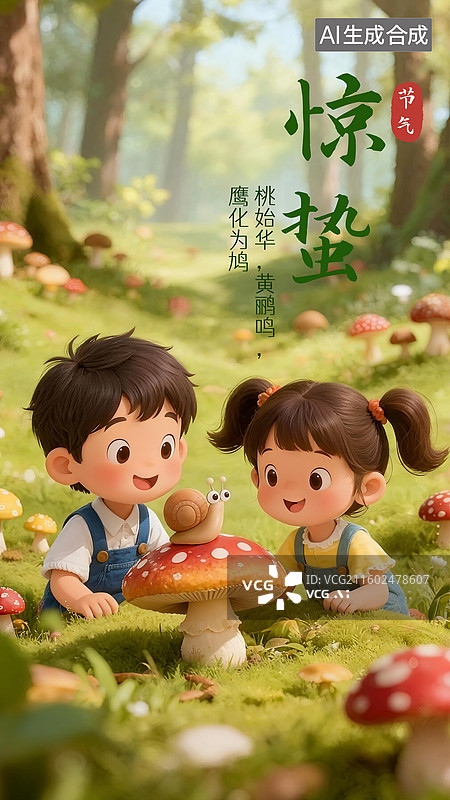 【AI数字艺术】惊蛰节气春天树林里孩子正在观察蘑菇上的蜗牛海报插画图片素材