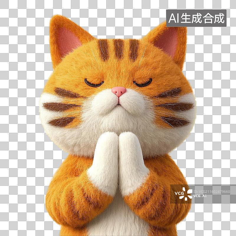 【AI数字艺术】3D渲染，治愈系插画，双手合十，许愿的小猫，橘猫，宠物猫，佛系宠物猫，祈福，祈祷，免抠元素图片素材