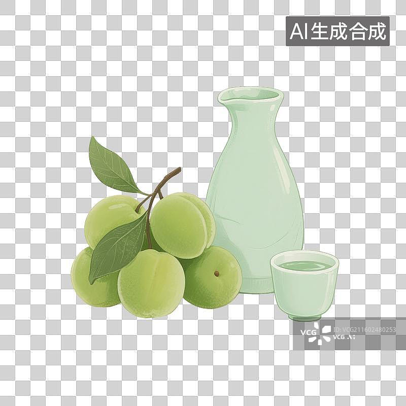 【AI数字艺术】国风手绘插画，青梅酒，梅子酒，米酒，酒壶，酒坛子，酒杯，传统文化，酒文化，免抠元素图片素材