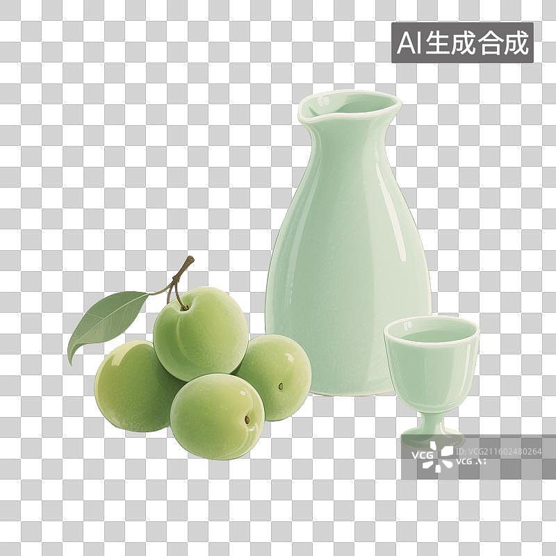 【AI数字艺术】国风手绘插画，青梅酒，梅子酒，米酒，酒壶，酒坛子，酒杯，传统文化，酒文化，免抠元素图片素材