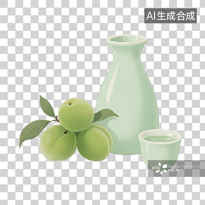 【AI数字艺术】国风手绘插画，青梅酒，梅子酒，米酒，酒壶，酒坛子，酒杯，传统文化，酒文化，免抠元素图片素材