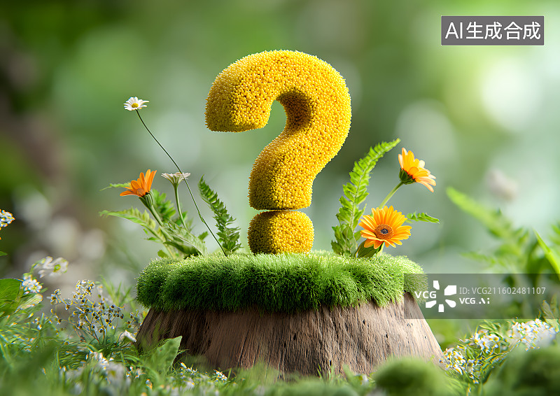 【AI数字艺术】卡通森林背景上一个问号标识图片素材