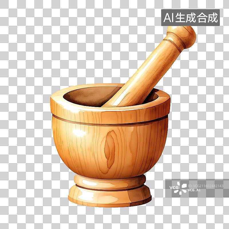 【AI数字艺术】国风手绘插画，研钵，木制研磨器，捣药罐，臼和杵。中医中药免抠元素图片素材