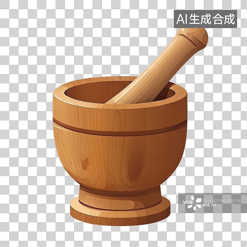 【AI数字艺术】国风手绘插画，研钵，木制研磨器，捣药罐，臼和杵。中医中药免抠元素图片素材