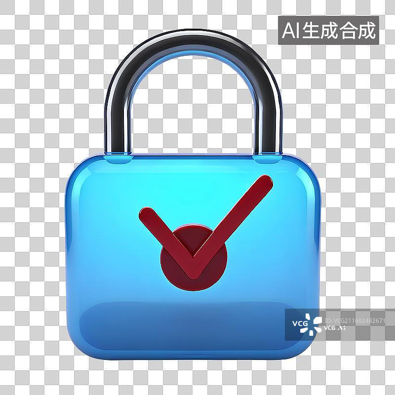 【AI数字艺术】3D渲染，一把锁，蓝色透明质感图形图标免抠元素图片素材