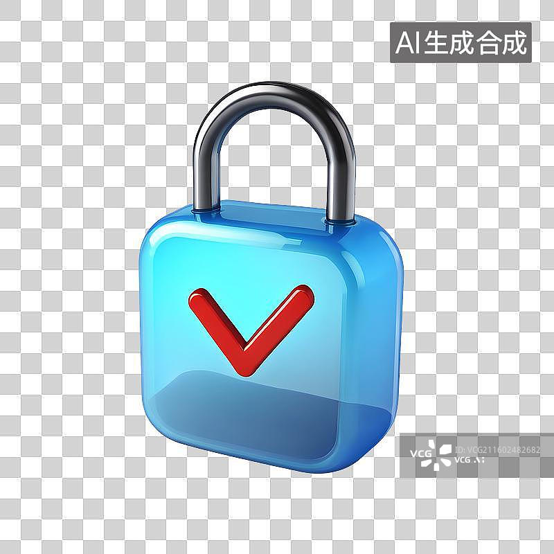 【AI数字艺术】3D渲染，一把锁，蓝色透明质感图形图标免抠元素图片素材