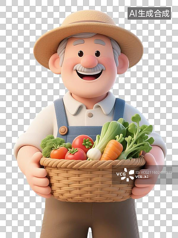 【AI数字艺术】3D渲染卡通农民，拿着蔬菜水果的老人，农民伯伯，有机食品，免抠元素图片素材