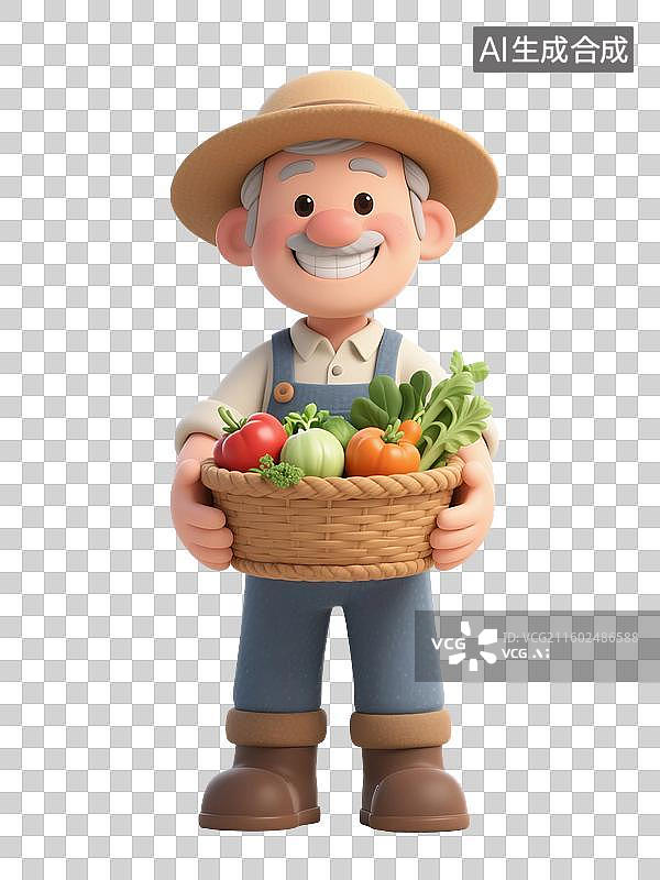 【AI数字艺术】3D渲染卡通农民，拿着蔬菜水果的老人，农民伯伯，有机食品，免抠元素图片素材