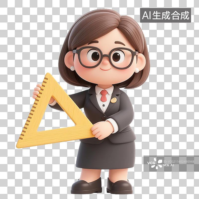 【AI数字艺术】3D渲染卡通人物，老师，教师，数学老师拿着三角板，工作，职业，劳动节，免抠元素图片素材
