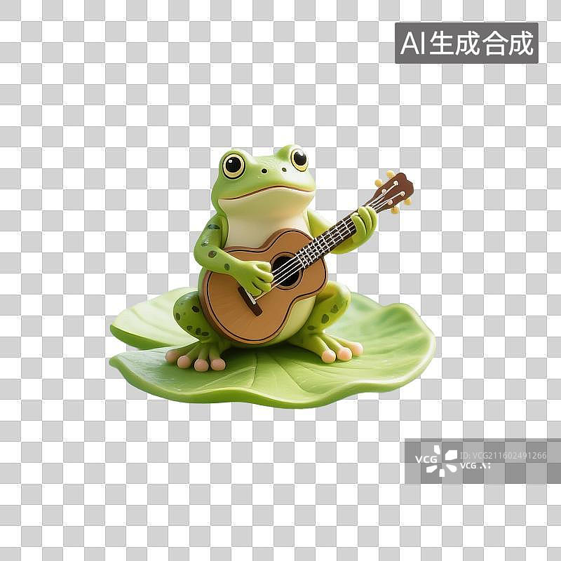 【AI数字艺术】3D渲染卡通动物，弹吉他的小青蛙，夏天，可爱的青蛙，免抠元素图片素材