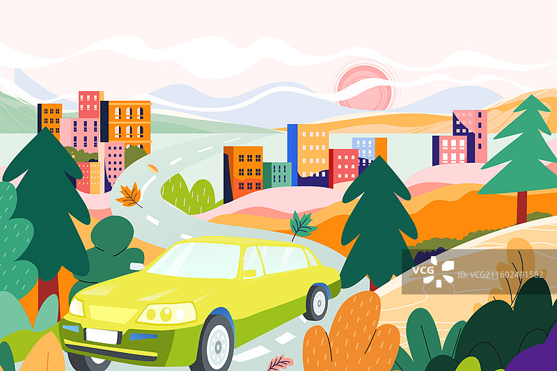 卡通户外出游旅行旅游情侣青年学生家人朋友打车出行汽车城市交通自然风景建筑渐变矢量插画图片素材