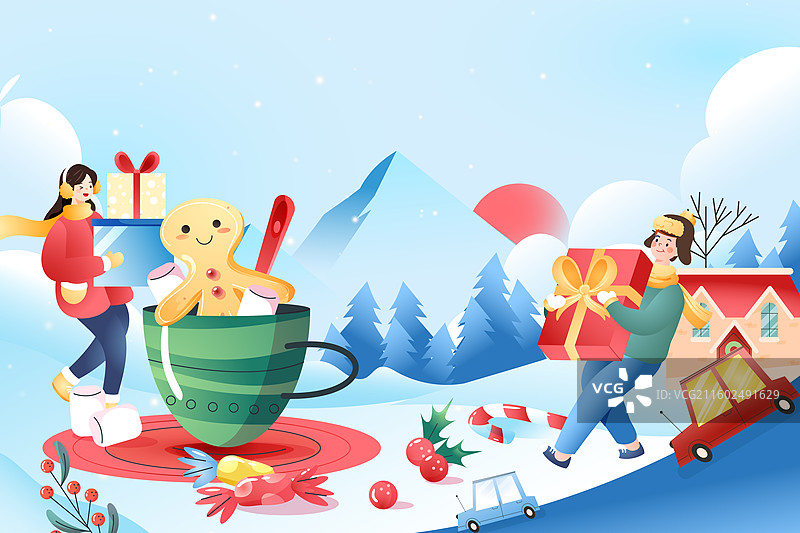 卡通大雪小雪节气冬季滑雪出游电商消费促销活动情侣家人亲子平安夜圣诞节堆雪人雪景自然风景渐变矢量插画图片素材