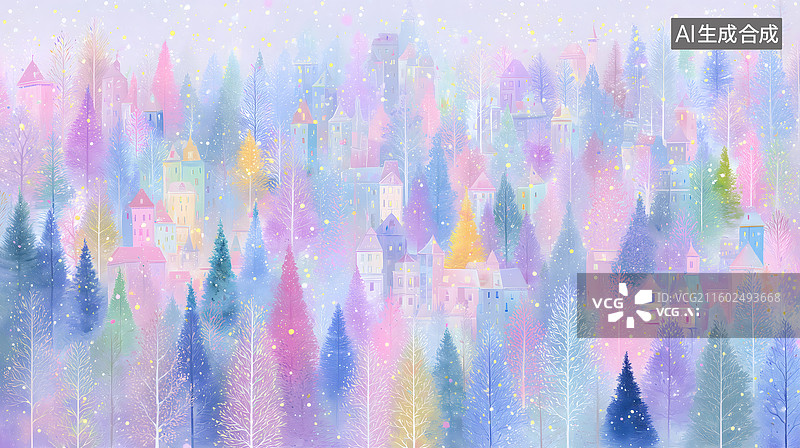 【AI数字艺术】梦幻彩林簇拥下的童话小镇雪景图片素材