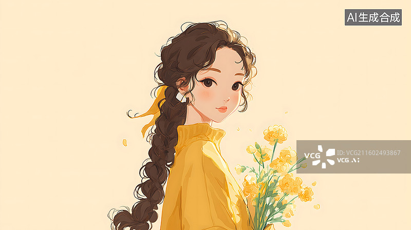 【AI数字艺术】暖黄系插画少女持花束的温柔治愈瞬间图片素材