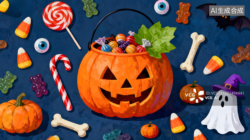 【AI数字艺术】万圣节糖果南瓜桶装饰图片素材