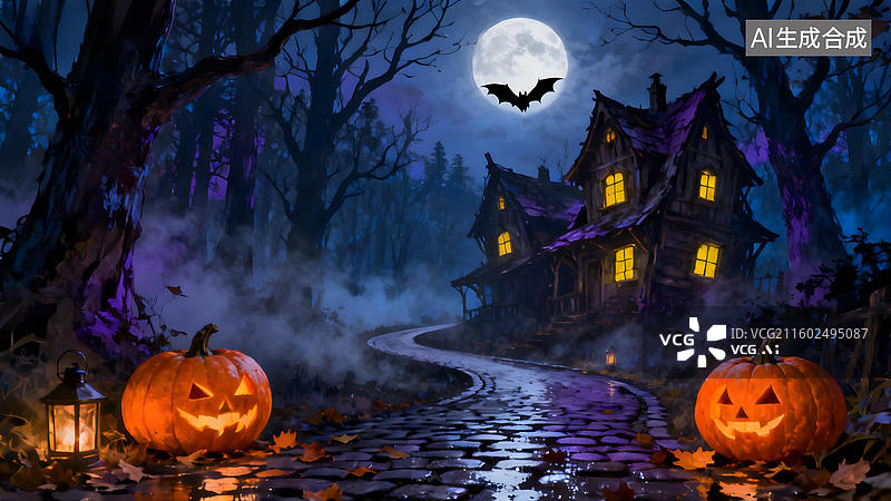 【AI数字艺术】万圣夜幽暗古宅与南瓜灯图片素材