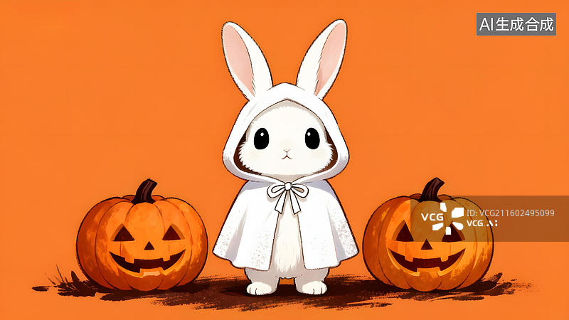 【AI数字艺术】兔子身穿幽灵服站在南瓜灯旁图片素材