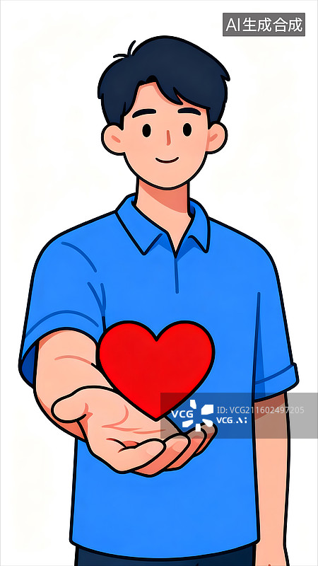 【AI数字艺术】蓝衫男递红心的温暖公益艺术设计图片素材
