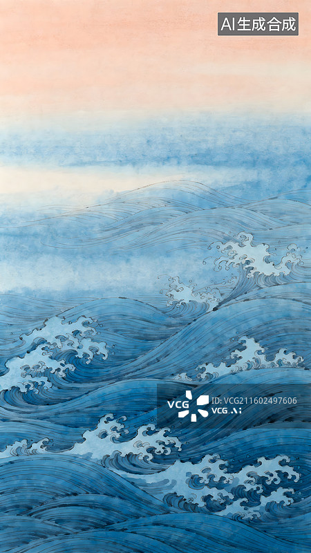 【AI数字艺术】蓝调海浪的传统水墨艺术景观图片素材