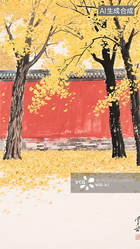 【AI数字艺术】秋树红墙插画图片素材