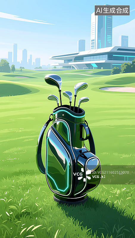 【AI数字艺术】高尔夫球车停在城市绿地中央。图片素材