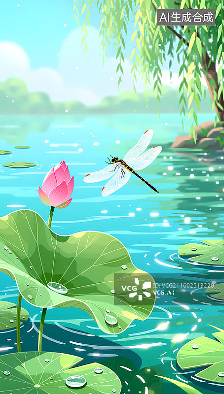 【AI数字艺术】荷花与蜻蜓的自然景观画作图片素材
