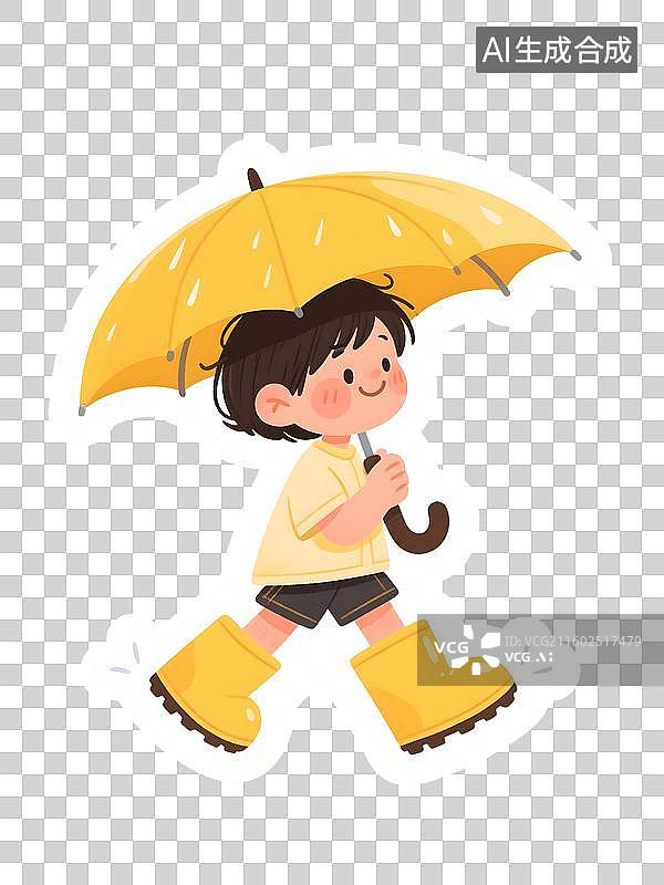【AI数字艺术】AIGC：雨中撑黄伞行走的小男孩贴纸风格，雨水节气设计元素，免抠图形图片素材