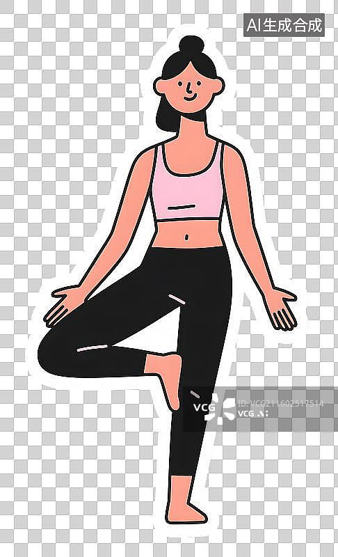 【AI数字艺术】AIGC：女性做瑜伽树式姿势，体育运动，健身，贴纸风格，设计元素，免抠图形图片素材