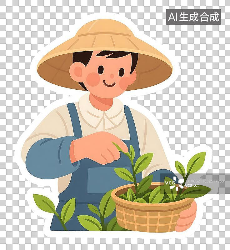 【AI数字艺术】AIGC：戴草帽采摘茶叶的人，春茶采茶，谷雨贴纸设计元素，免抠图形图片素材