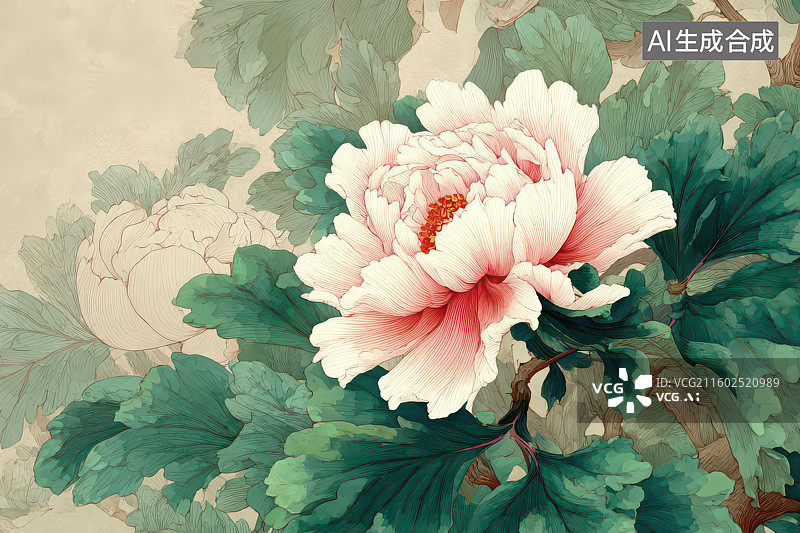 【AI数字艺术】粉白牡丹工笔画枝叶花苞传统艺术图片素材