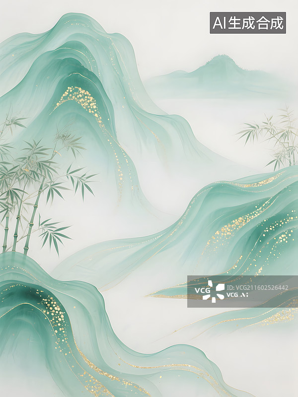 【AI数字艺术】中国山水画作，水墨青绿山水竹子图片素材