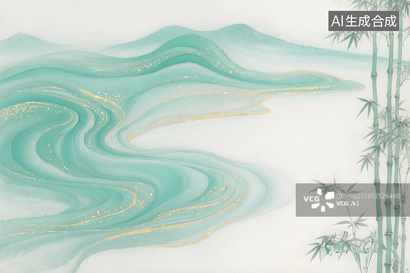 【AI数字艺术】中国山水画作，水墨青绿山水竹子图片素材