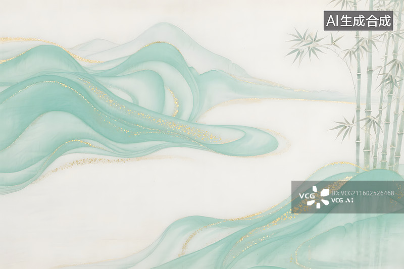 【AI数字艺术】中国山水画作，水墨青绿山水竹子图片素材