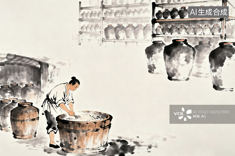 【AI数字艺术】传统水墨风格，古代匠人正在准备发酵谷物酿酒，远处货架上的酒坛图片素材