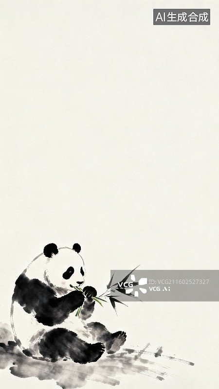 【AI数字艺术】传统水墨风格，可爱的大熊猫在吃竹子，上面留白图片素材