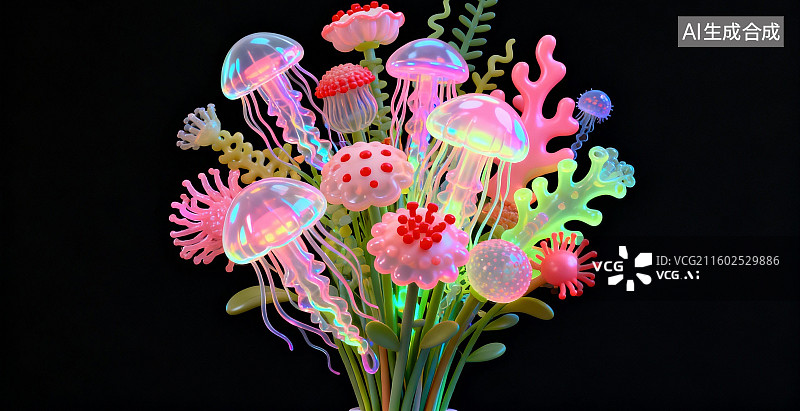 【AI数字艺术】荧光水母与珊瑚的梦幻组合图片素材