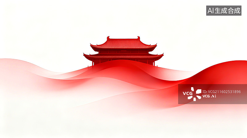 【AI数字艺术】红色波浪上的传统中式阁楼建筑剪影图片素材