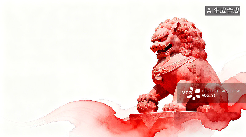 【AI数字艺术】红色石狮子雕像威严坐立，背景为白色与红色墨迹渲染图片素材