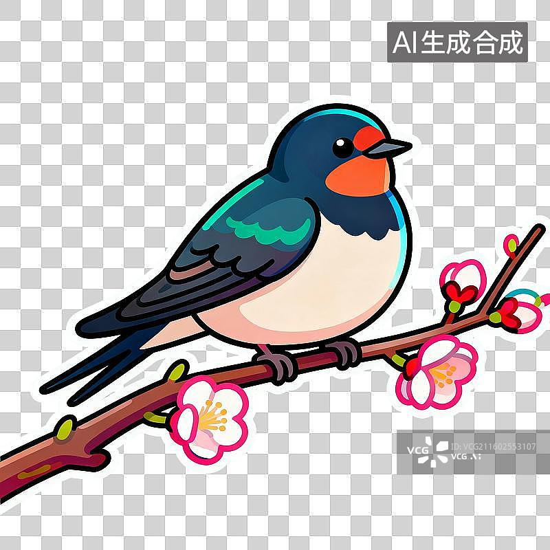 【AI数字艺术】栖息在盛开花枝上的可爱燕子图片素材