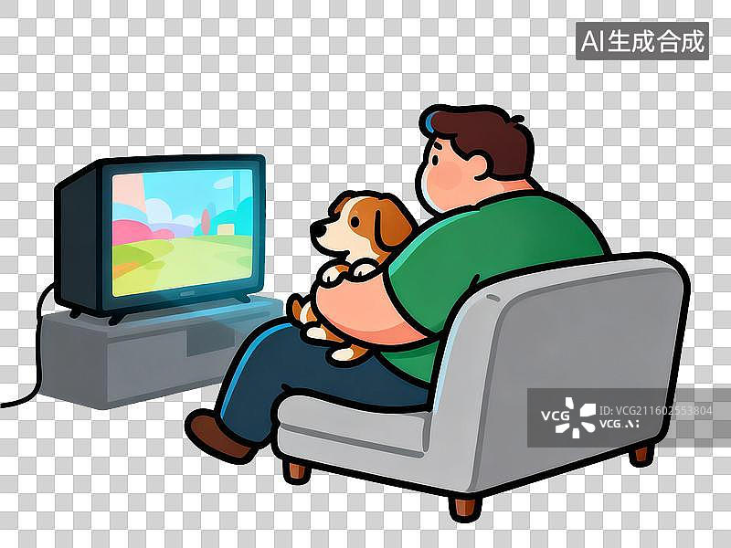 【AI数字艺术】男子坐沙发与狗一起看电视图片素材