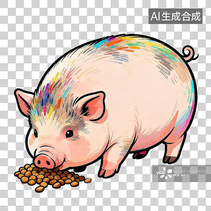 【AI数字艺术】色彩斑斓的小猪进食可爱插画图片素材