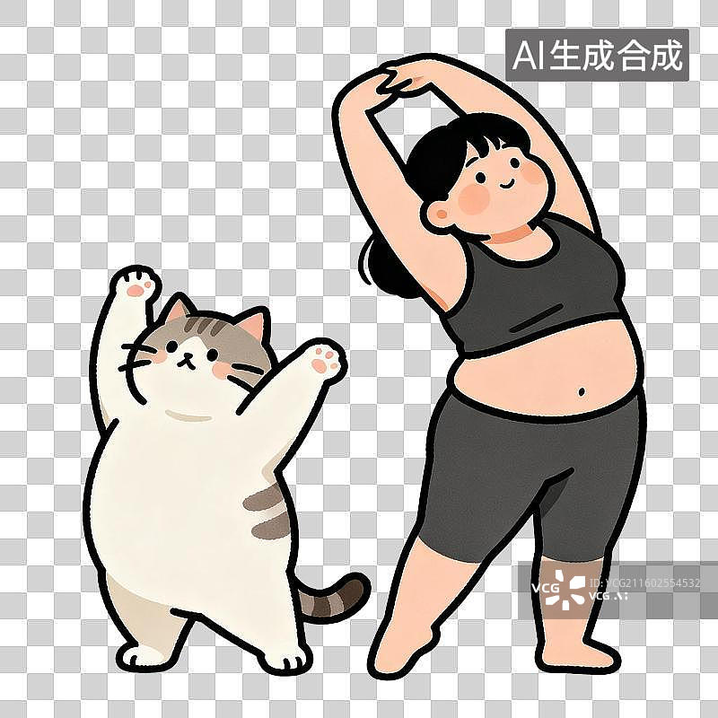 【AI数字艺术】女子与猫咪一起做拉伸运动图片素材