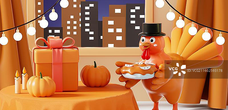 3D感恩节，火鸡，南瓜场景图片素材