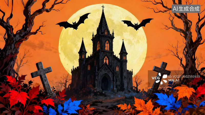 【AI数字艺术】万圣节夜景中的哥特式教堂图片素材