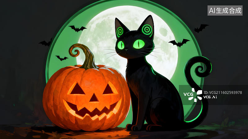 【AI数字艺术】黑猫与南瓜灯月夜图片素材