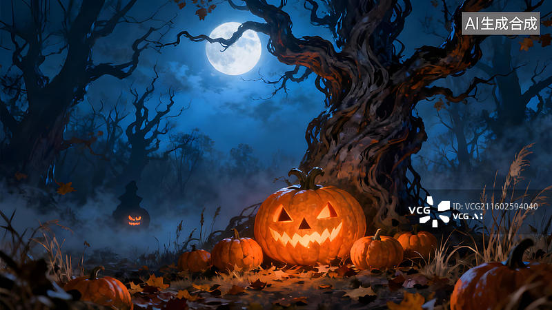 【AI数字艺术】万圣夜南瓜灯与古树图片素材