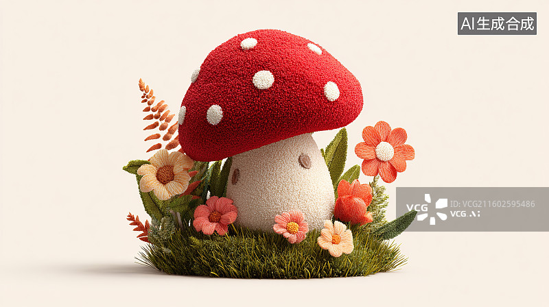 【AI数字艺术】3D 红色田园蘑菇艺术图片素材