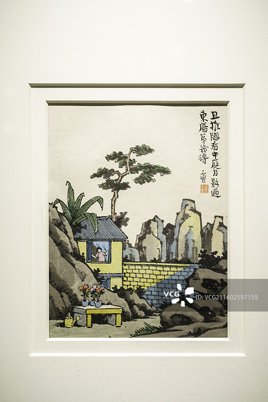 北京画院“无限清凉—丰子恺艺术展”珍贵藏品——《且推窗看中庭月，影过东墙第几砖》图片素材