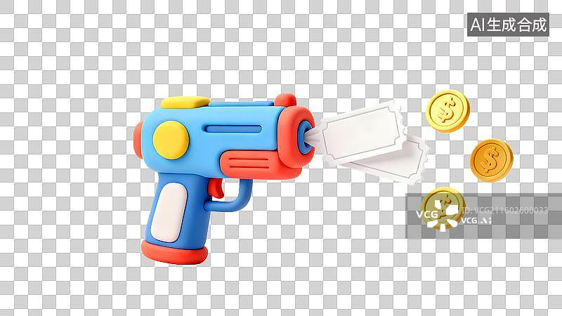 【AI数字艺术】趣味玩具枪发射金币和空白的优惠券 卡通手枪金币优惠券喷射图图片素材